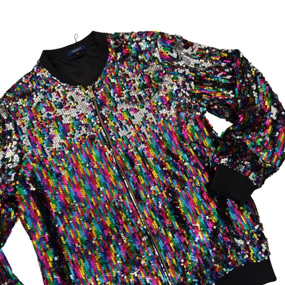 Cresay Sequin Bomber Jacket Size XL Multicolor 80s Disco Glam Festival Style - Picture 12 of 15